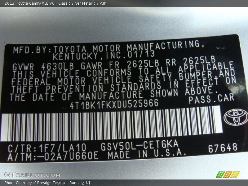 Classic Silver Metallic / Ash 2013 Toyota Camry XLE V6