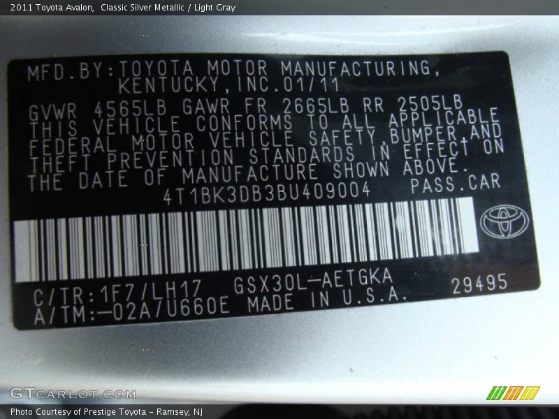 Classic Silver Metallic / Light Gray 2011 Toyota Avalon