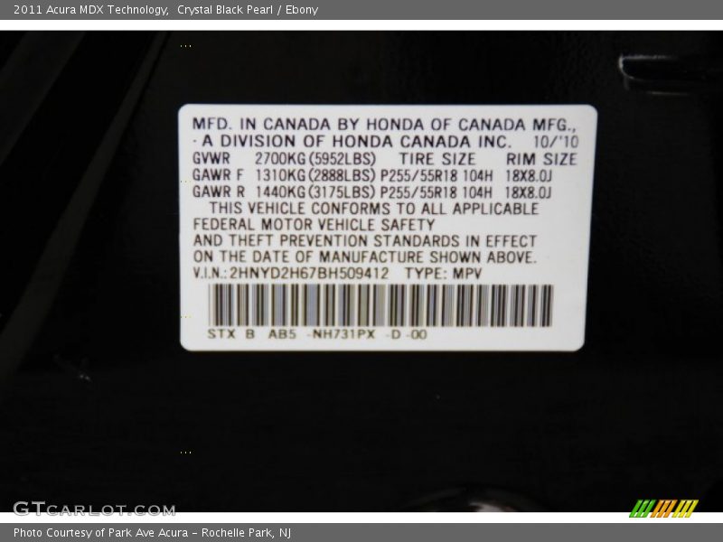 Crystal Black Pearl / Ebony 2011 Acura MDX Technology