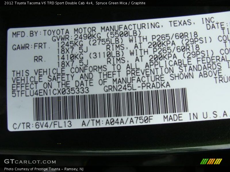 Spruce Green Mica / Graphite 2012 Toyota Tacoma V6 TRD Sport Double Cab 4x4