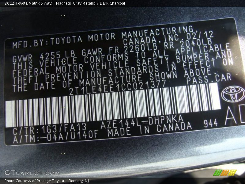 Magnetic Gray Metallic / Dark Charcoal 2012 Toyota Matrix S AWD