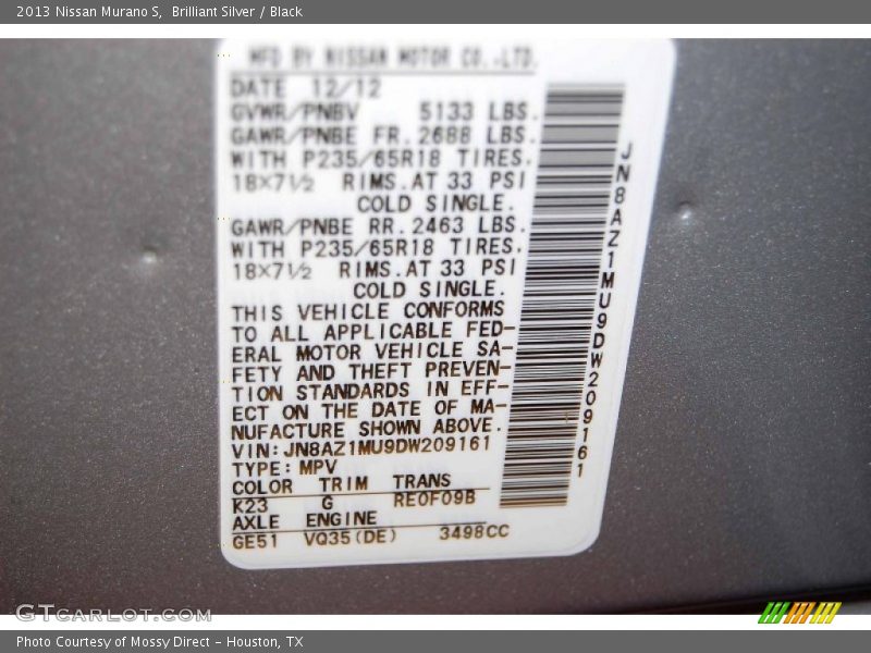 Brilliant Silver / Black 2013 Nissan Murano S