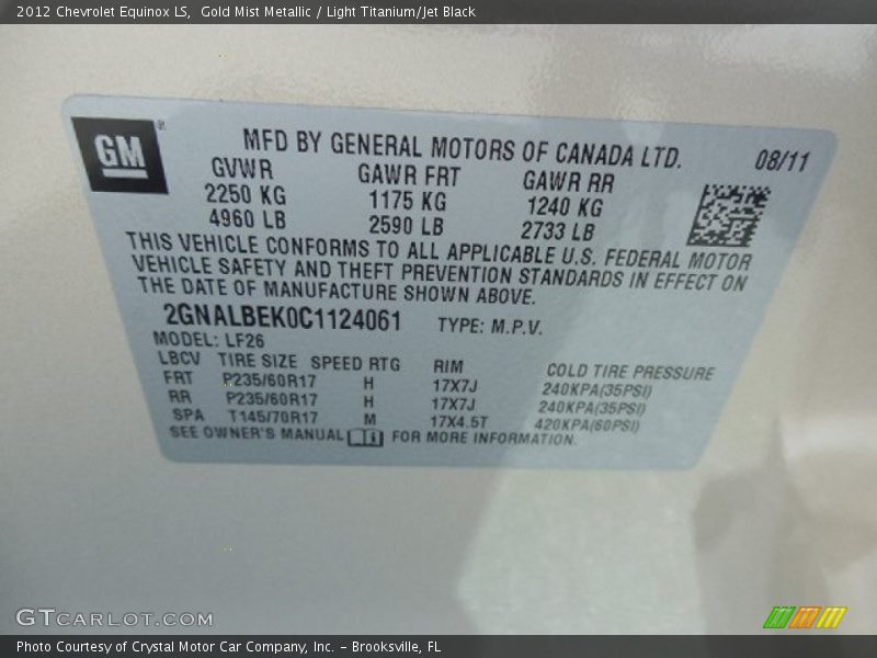 Gold Mist Metallic / Light Titanium/Jet Black 2012 Chevrolet Equinox LS