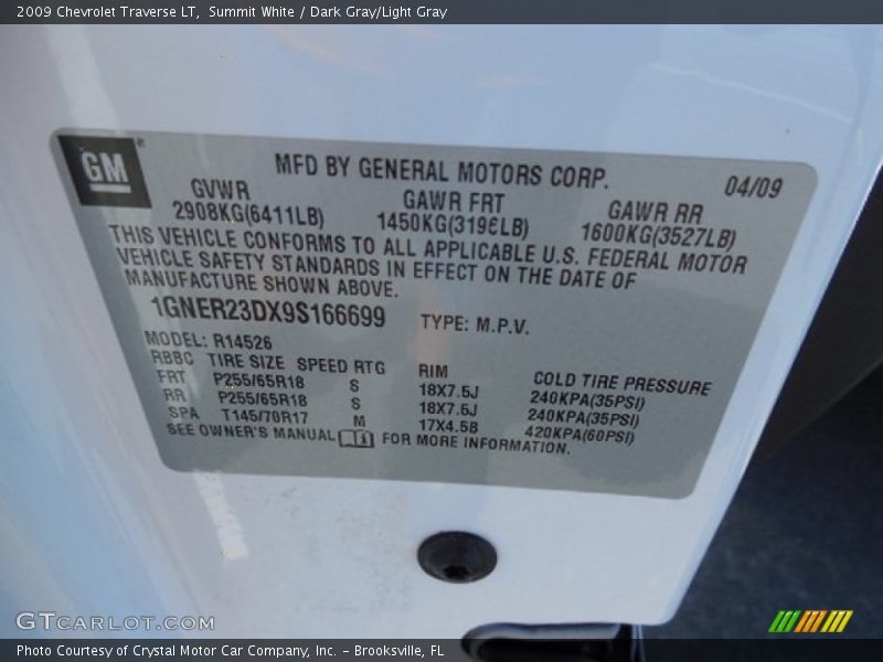 Summit White / Dark Gray/Light Gray 2009 Chevrolet Traverse LT