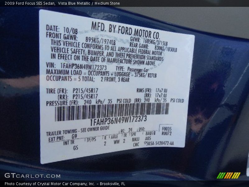 Vista Blue Metallic / Medium Stone 2009 Ford Focus SES Sedan