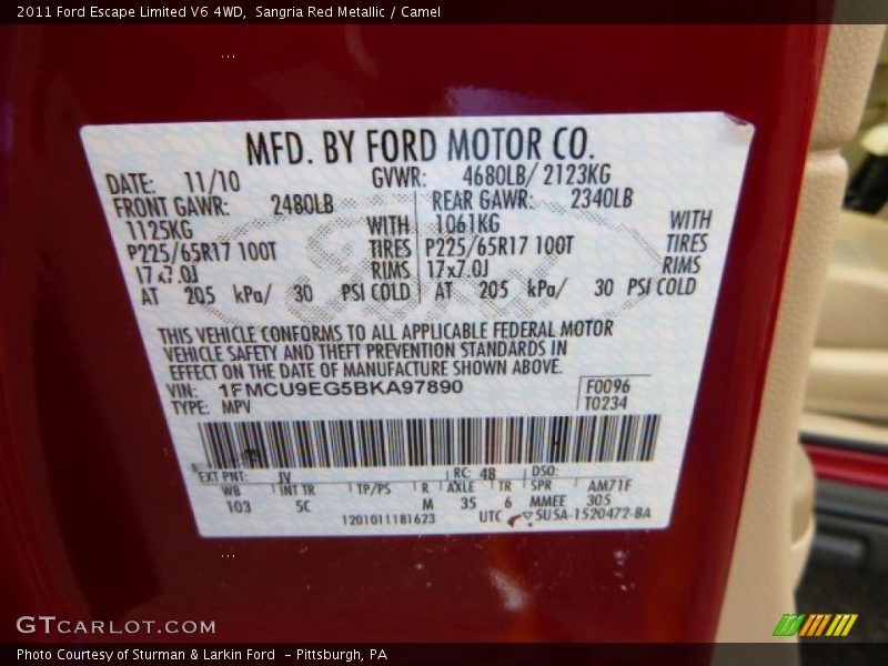 Sangria Red Metallic / Camel 2011 Ford Escape Limited V6 4WD