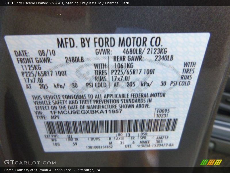 Sterling Grey Metallic / Charcoal Black 2011 Ford Escape Limited V6 4WD