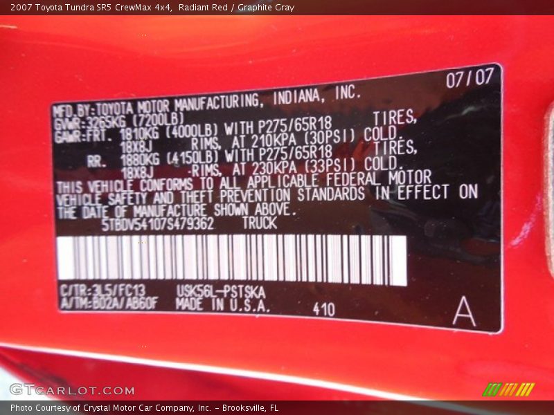 Radiant Red / Graphite Gray 2007 Toyota Tundra SR5 CrewMax 4x4