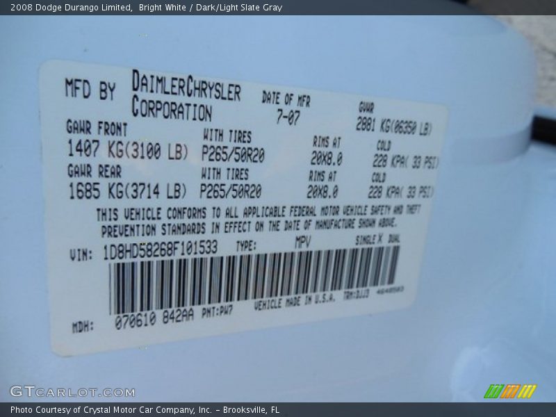 Bright White / Dark/Light Slate Gray 2008 Dodge Durango Limited