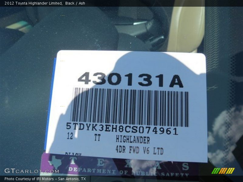 Black / Ash 2012 Toyota Highlander Limited