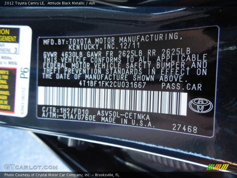 Attitude Black Metallic / Ash 2012 Toyota Camry LE