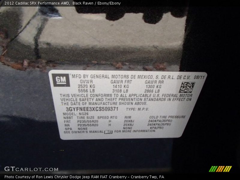 Black Raven / Ebony/Ebony 2012 Cadillac SRX Performance AWD