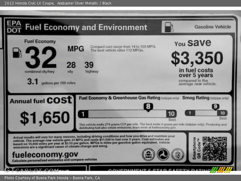 Alabaster Silver Metallic / Black 2013 Honda Civic LX Coupe