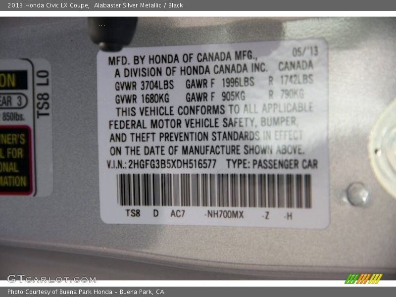 Alabaster Silver Metallic / Black 2013 Honda Civic LX Coupe