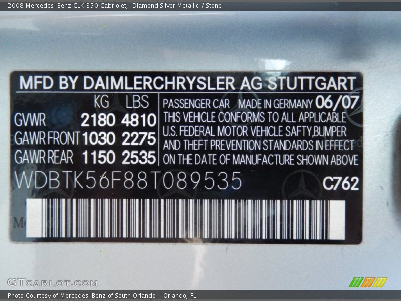 2008 CLK 350 Cabriolet Diamond Silver Metallic Color Code 762