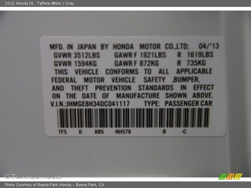 Taffeta White / Gray 2013 Honda Fit