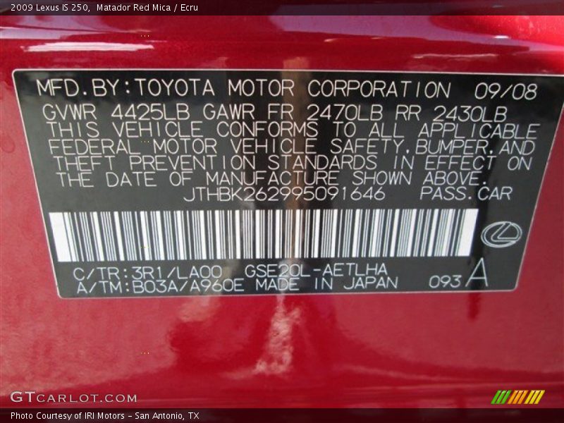 Matador Red Mica / Ecru 2009 Lexus IS 250