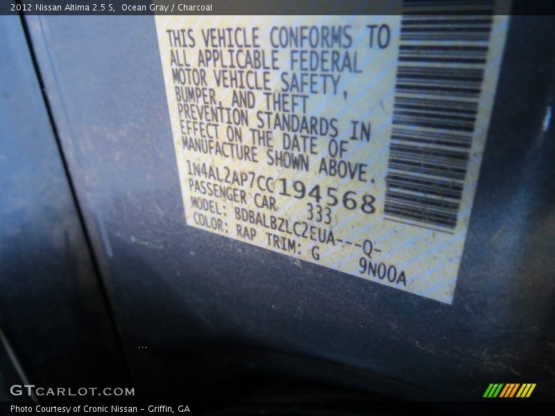 Ocean Gray / Charcoal 2012 Nissan Altima 2.5 S
