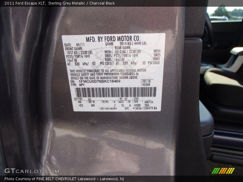 Sterling Grey Metallic / Charcoal Black 2011 Ford Escape XLT