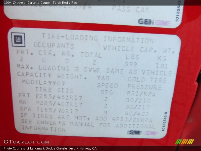 Info Tag of 1994 Corvette Coupe
