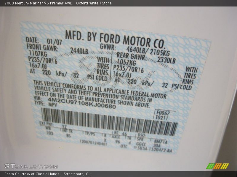 Oxford White / Stone 2008 Mercury Mariner V6 Premier 4WD