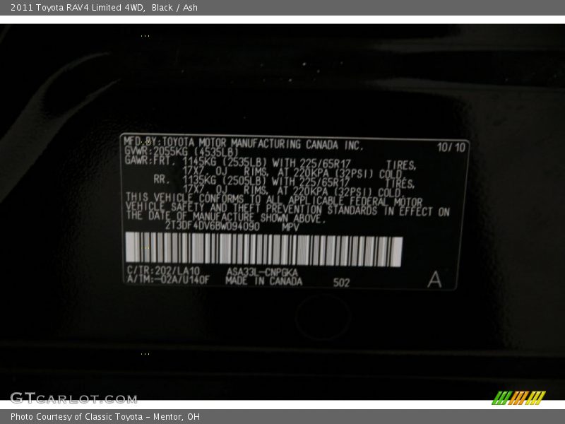 Black / Ash 2011 Toyota RAV4 Limited 4WD