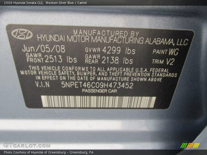 Medium Silver Blue / Camel 2009 Hyundai Sonata GLS