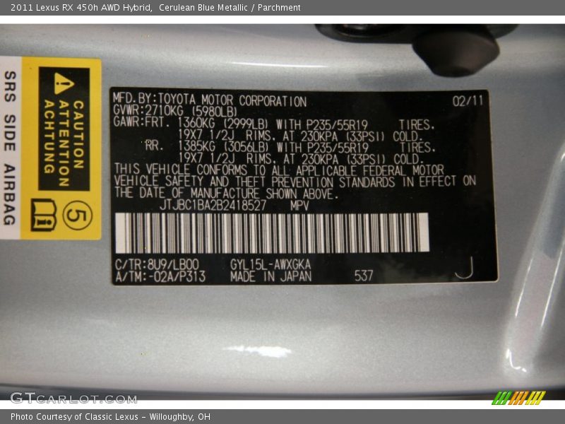 Cerulean Blue Metallic / Parchment 2011 Lexus RX 450h AWD Hybrid
