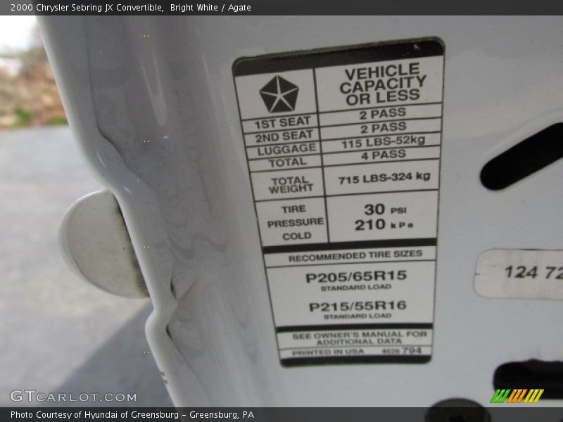 Info Tag of 2000 Sebring JX Convertible