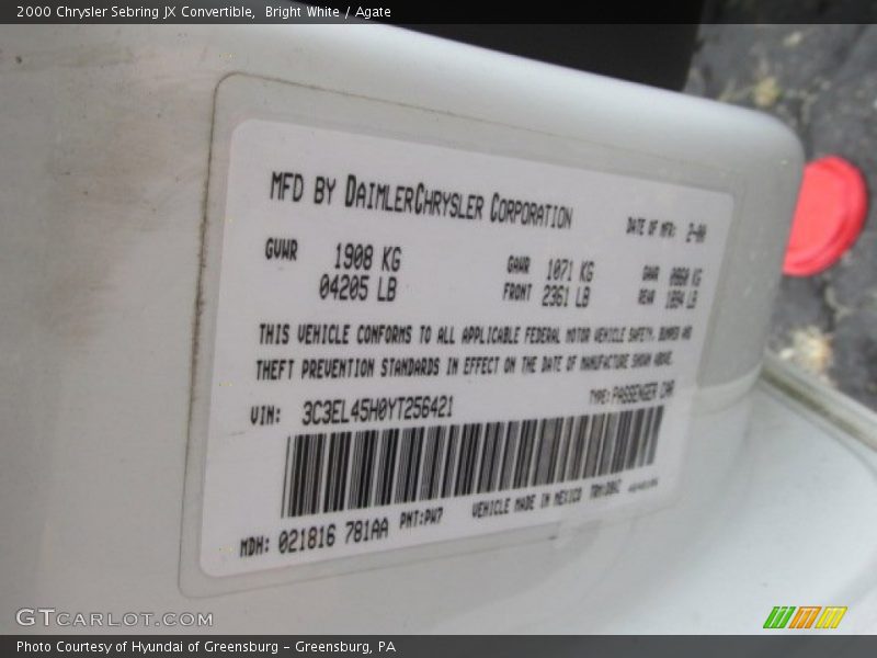 2000 Sebring JX Convertible Bright White Color Code PW7