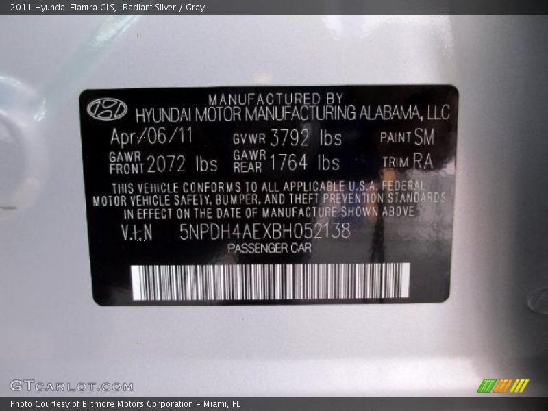 Radiant Silver / Gray 2011 Hyundai Elantra GLS