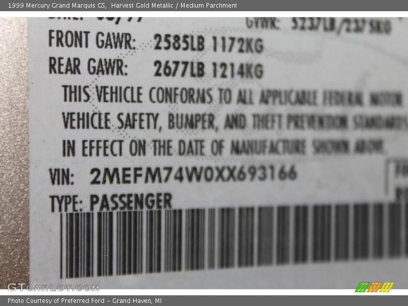 Harvest Gold Metallic / Medium Parchment 1999 Mercury Grand Marquis GS