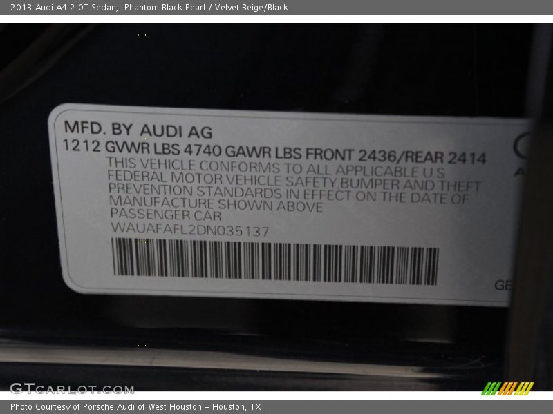 Phantom Black Pearl / Velvet Beige/Black 2013 Audi A4 2.0T Sedan
