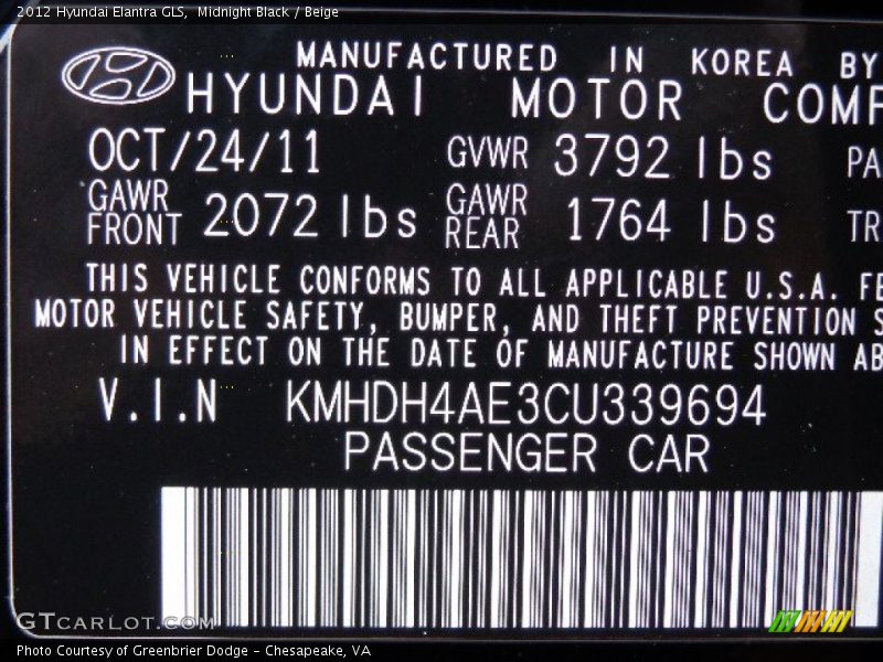 Midnight Black / Beige 2012 Hyundai Elantra GLS