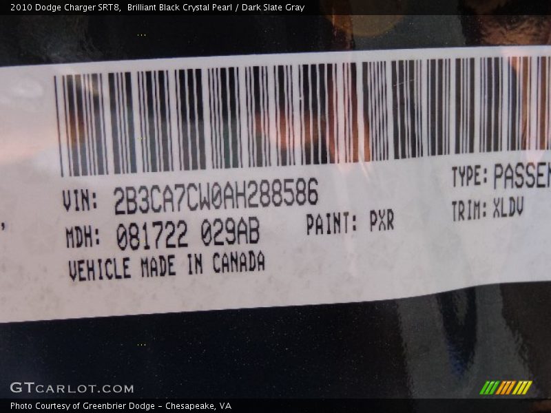 Brilliant Black Crystal Pearl / Dark Slate Gray 2010 Dodge Charger SRT8