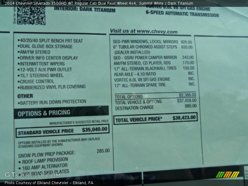  2014 Silverado 3500HD WT Regular Cab Dual Rear Wheel 4x4 Window Sticker