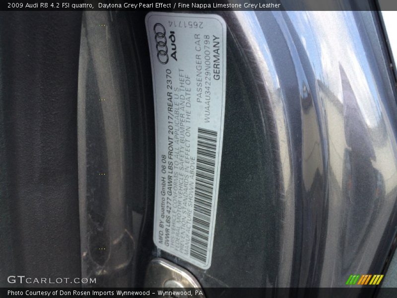 Daytona Grey Pearl Effect / Fine Nappa Limestone Grey Leather 2009 Audi R8 4.2 FSI quattro