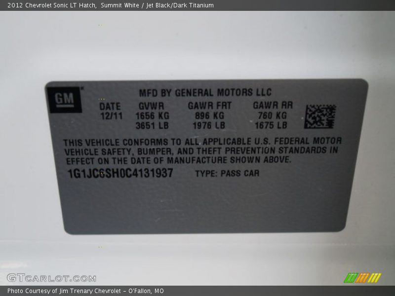 Summit White / Jet Black/Dark Titanium 2012 Chevrolet Sonic LT Hatch