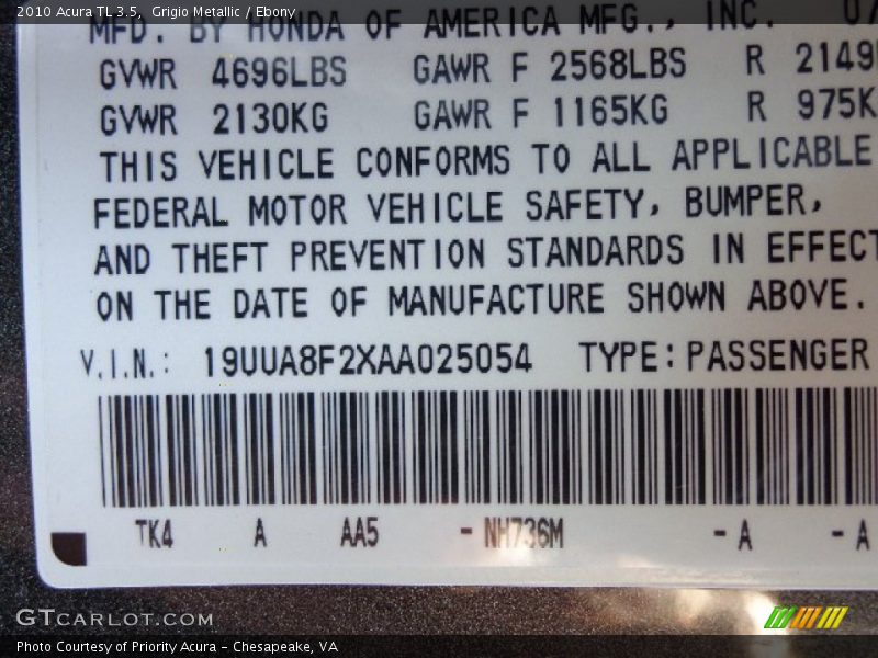 Grigio Metallic / Ebony 2010 Acura TL 3.5