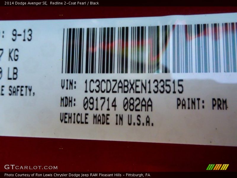 Redline 2-Coat Pearl / Black 2014 Dodge Avenger SE