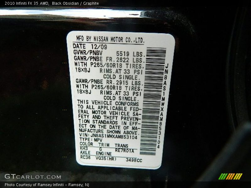 Black Obsidian / Graphite 2010 Infiniti FX 35 AWD