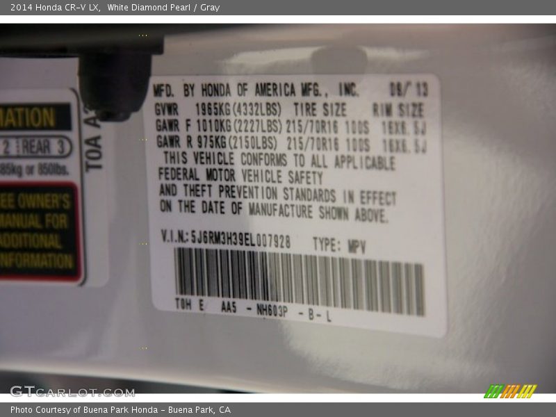 White Diamond Pearl / Gray 2014 Honda CR-V LX