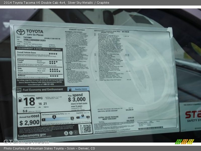  2014 Tacoma V6 Double Cab 4x4 Window Sticker
