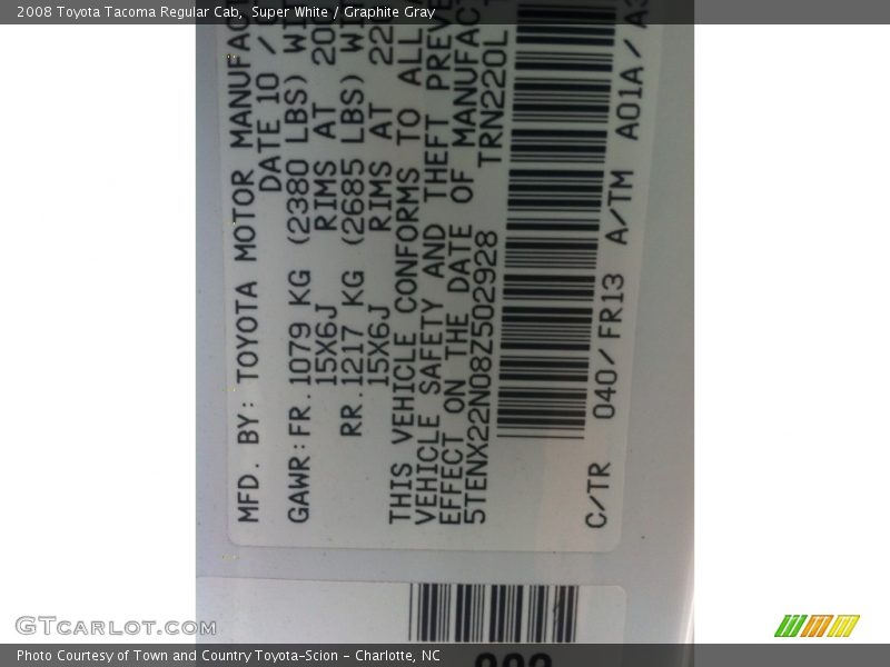 Super White / Graphite Gray 2008 Toyota Tacoma Regular Cab