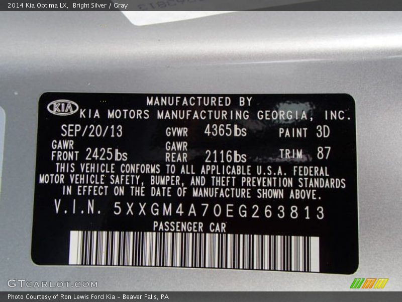 2014 Optima LX Bright Silver Color Code 3D
