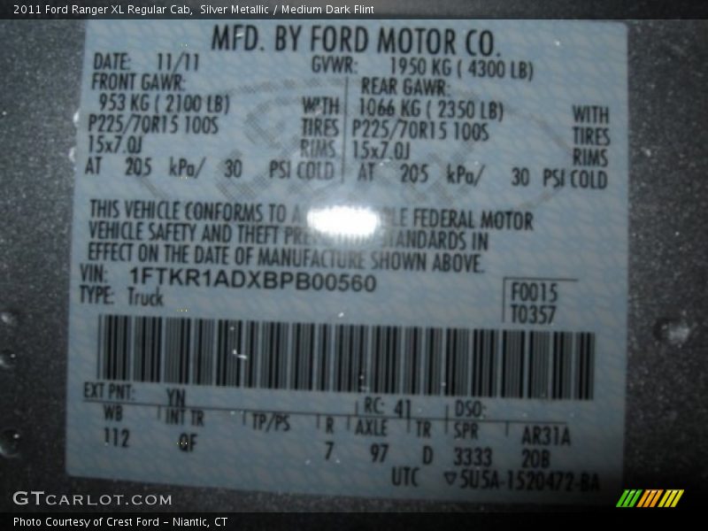 Silver Metallic / Medium Dark Flint 2011 Ford Ranger XL Regular Cab