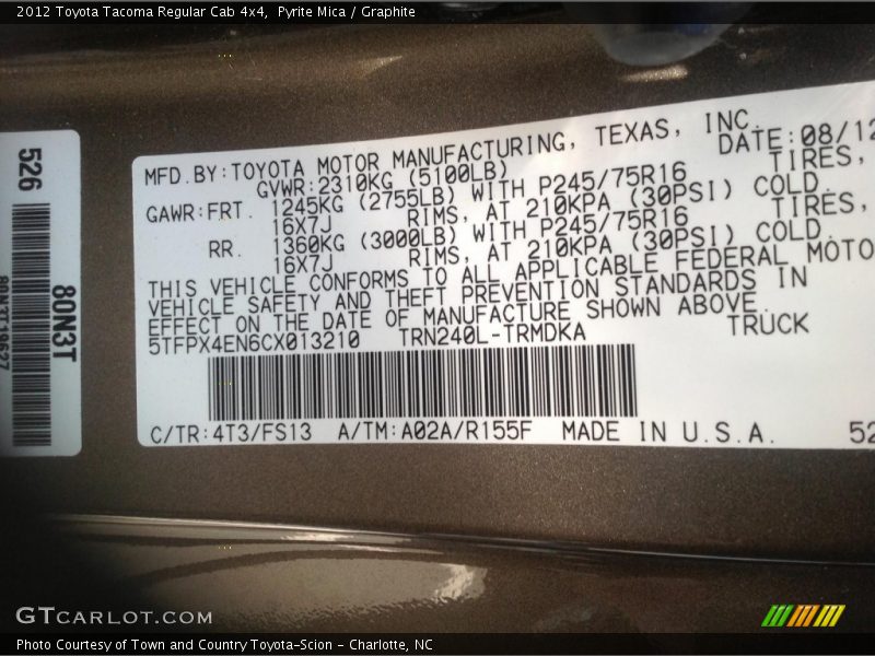 Pyrite Mica / Graphite 2012 Toyota Tacoma Regular Cab 4x4