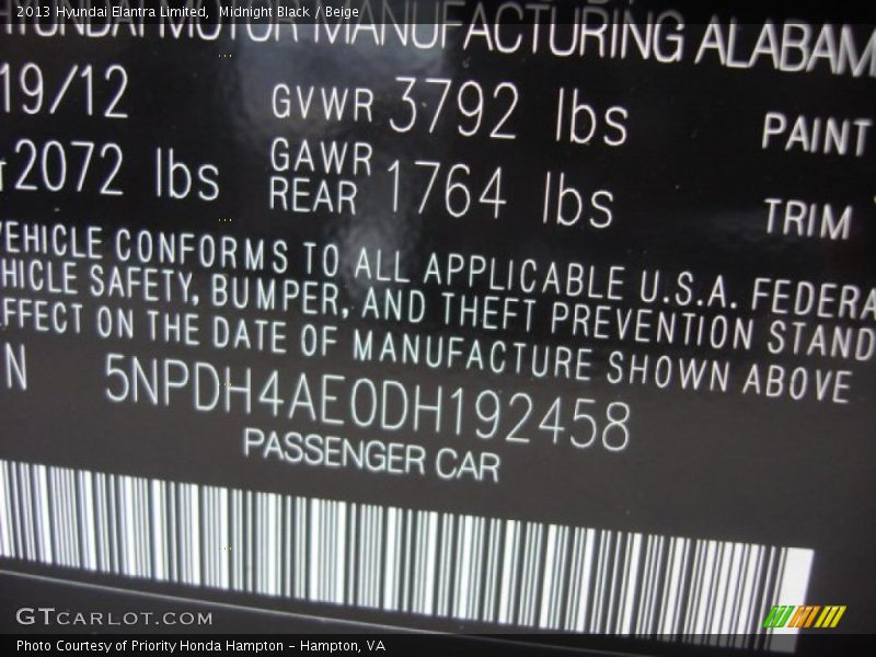 Midnight Black / Beige 2013 Hyundai Elantra Limited