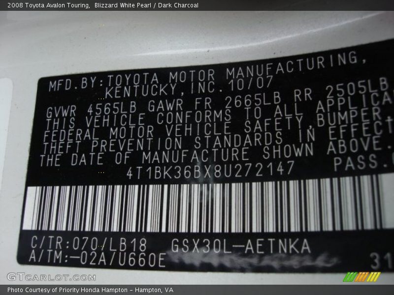 Blizzard White Pearl / Dark Charcoal 2008 Toyota Avalon Touring