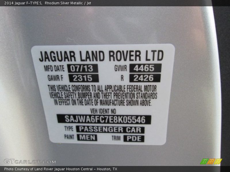 2014 F-TYPE S Rhodium Silver Metallic Color Code MEN